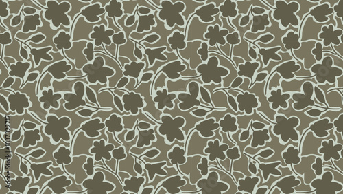 Seamless floral pattern with simple flower and leaf outlines for fabric prints, wrapping paper, wallpaper and decorative surface design.