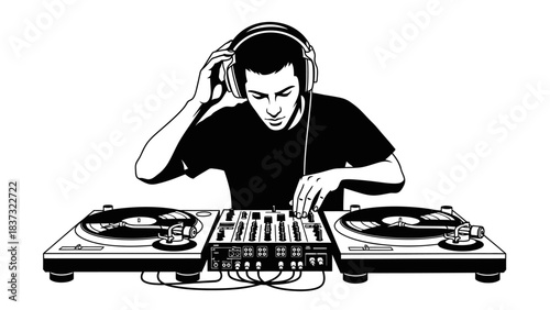 Intense professional DJ mixing tracks with headphones on turntables creating dynamic electronic music beats