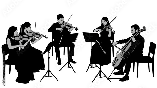 Stunning black and white depiction of a professional string quartet passionately performing classical music ensemble pieces