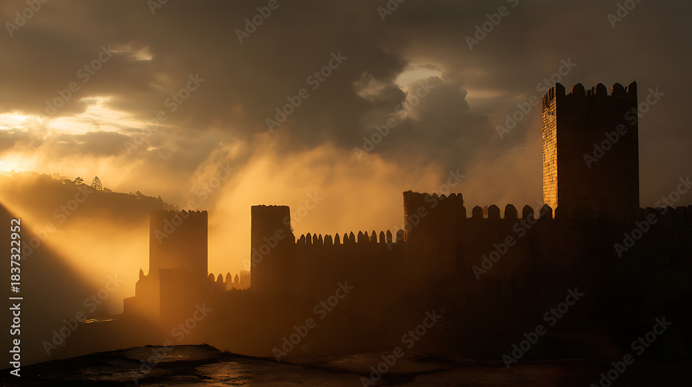 Fototapeta premium Golden hour bathes a medieval fortress in ethereal light, silhouettes of towers and walls piercing through misty clouds, evoking history and timeless grandeur.