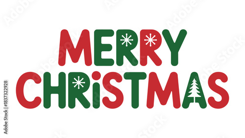 Festive Greeting: A vibrant display of Merry Christmas in cheerful red and green hues, adorned with festive snowflakes and a miniature Christmas tree.