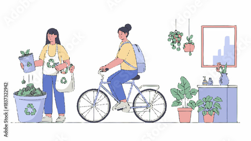 Two women engaging in sustainable living practices, one recycling and the other cycling.