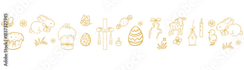 Easter border horizontal design with bunnies, flowers, easter eggs spring elements, seamless background, stencil decoration. 