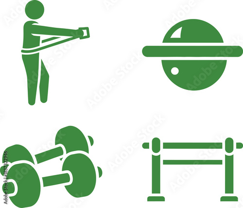 Physical Therapy Icons Resistance Band, Balance Board, Hand Weights, Walking Rail