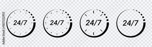 24/7 Service Clock Icons – Continuous Support Time Symbols Vector Set