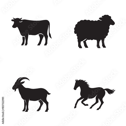 Farm animal silhouettes: cow, sheep, goat, and horse on a white background