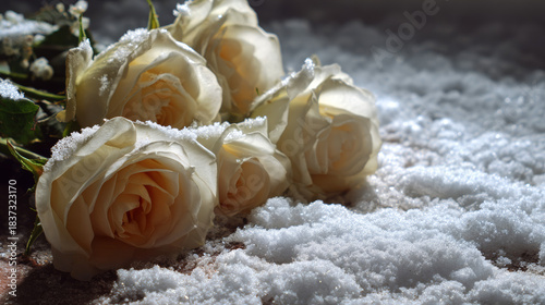 Soft White Roses Resting Gently on Fresh Winter Snow