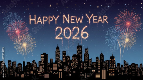 New Year's Eve City Celebration 2026: The city skyline is illuminated with fireworks display, creating a festive atmosphere for the New Year, representing hope and new beginnings.