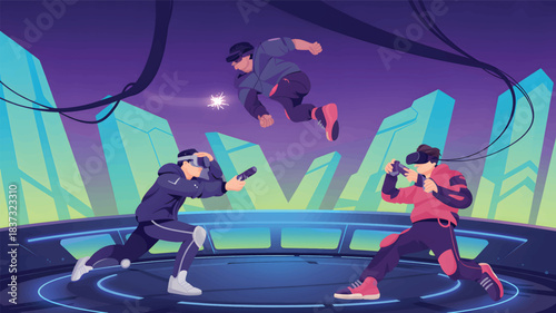 Three people in virtual reality headsets playing a game