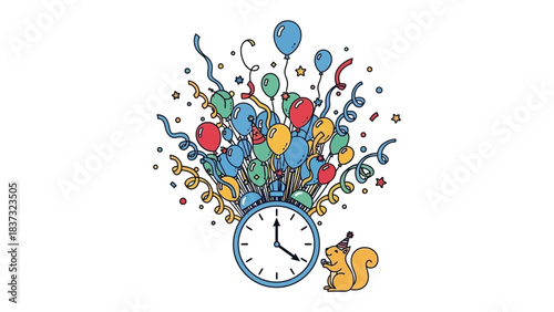 Celebrating Moments: A lively illustration features a cheerful squirrel eagerly anticipating a moment of celebration, with a clock at the center and festive balloons