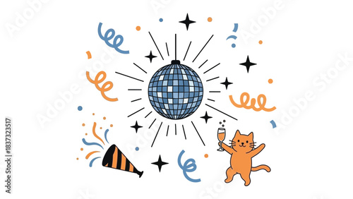 Disco Ball Celebration: A jubilant disco ball with bursts of light, sparkling confetti, and a playful cat adds a festive and dynamic feel to celebration.