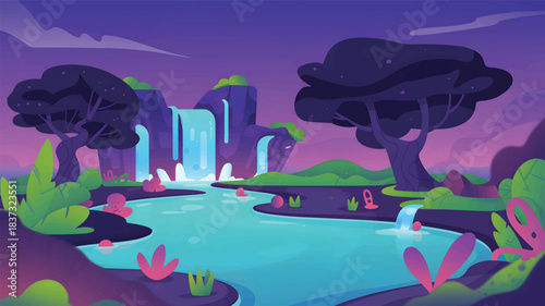 Stylized waterfall landscape with purple sky and turquoise water