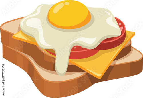 Open-Faced Sandwich Vector Illustration, Toast with Fried Egg, Cheese, and Tomato, Simple Breakfast or Lunch