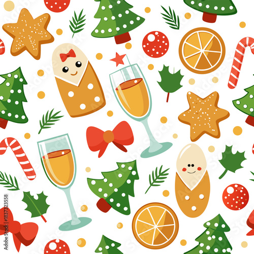 A pattern combining Christmas gingerbread cookies and New Year champagne, white background.