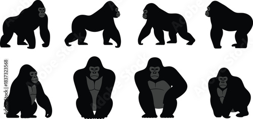 Gorilla silhouette collection, black primate poses, cartoon ape shapes, animal anatomy icons, wildlife design, jungle creature illustration