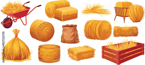 Hay illustration set, cartoon bales, farming tools, agricultural storage, loose hay, wheelbarrow, crate, sack, bundle, rural design