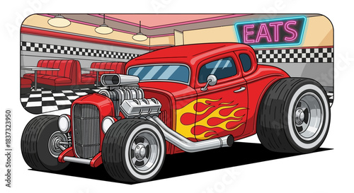 Red hot rod car illustration in a retro diner scene with neon eats sign classic vintage custom automobile cartoon drawing