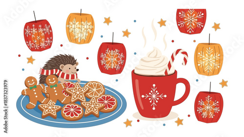 Festive Christmas Treats: Christmas gingerbread cookies and cocoa with festive decorations creating a warm, inviting scene of holiday cheer.
