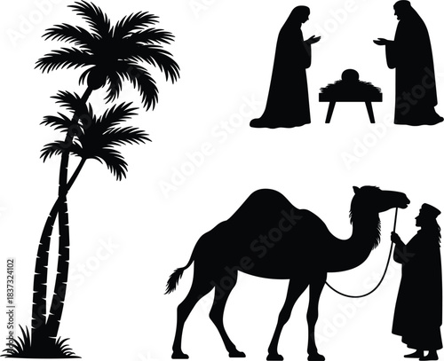 Vector Black Silhouette Set: Nativity Scene with Virgin Mary, Saint Joseph, and Baby Jesus, Plus Magi and Camel, Palm Trees, Religious Christmas Illustration