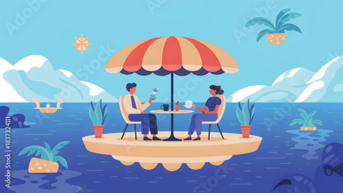 Couple dining on floating island under umbrella ocean