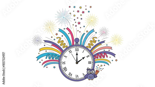 Celebratory Time: a clock with festive decorations, stars, and fireworks, creating a vibrant visual representation of an exciting event or celebration. 