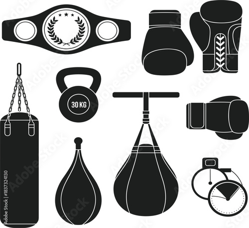 Vector Black Silhouette Boxing Equipment Set, Featuring Punching Bags, Championship Belt, Training Gloves, Kettlebell, and Stopwatch Timer Icons