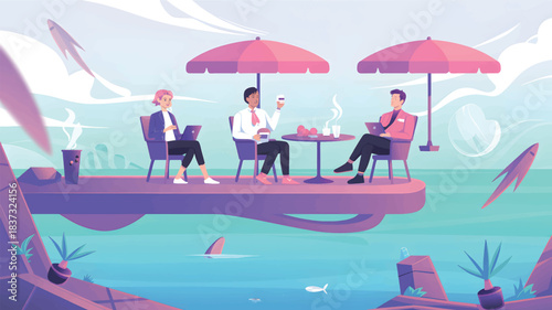 Three people working and drinking coffee under umbrellas on a floating platform