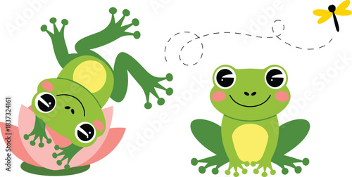 Whimsical frog cartoon, lotus flower pose, dragonfly flight path, playful nature scene, cheerful amphibians, cute insect illustration