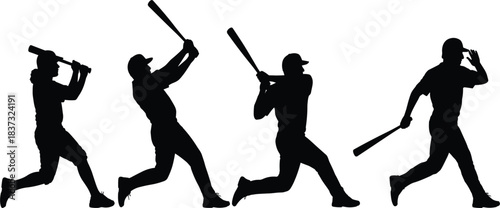 Vector Black Silhouette Set of Baseball Batter Hitting Sequence, Including Player Poses for Swing, Follow-Through, and Running to First Base