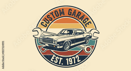 Vintage custom garage emblem with classic muscle car a stylish design evoking retro automotive culture and craftsmanship established in 1972