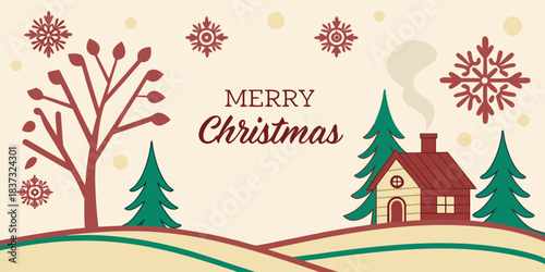 Retro Flat Design Merry Christmas Banner with Winter Cabin and Pine Trees