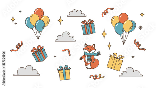 Fox Celebration: Whimsical illustrations depicting a lively celebration, with a cute fox character, vibrant balloons, colorful gift boxes, confetti, clouds, and stars, celebrating a special event.