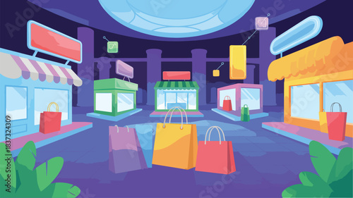 Colorful cartoon shopping street with shops and bags