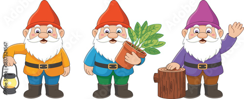 Cute Cartoon Garden Gnomes Vector Set, Waving Hello, Holding Lantern, Carrying Potted Plant, Wearing Colorful Clothes and Hats