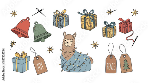Festive Llama with Gift : a cheerful cartoon llama wrapped in lights alongside with gifts, bells and tags decorated with winter spirit.