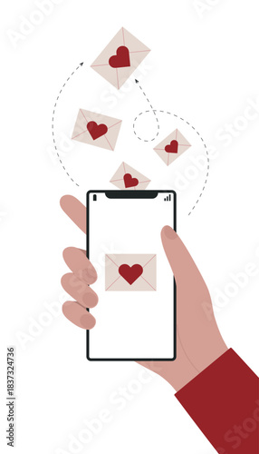 Hand holding phone and sending love messages. Happy Valentines Day concept.
