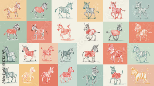 A playful illustration set of cute donkeys and zebras in colorful panels, showing fun poses and charming expressions, ideal for children themes, storytelling, and creative artwork.