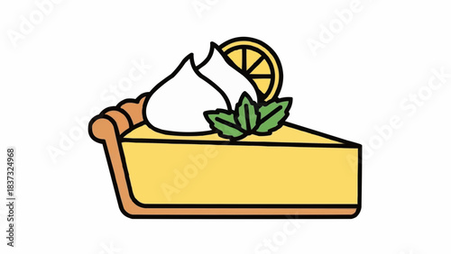 Illustration of a lemon tart slice with whipped cream and mint leaves on top, viewed from the side