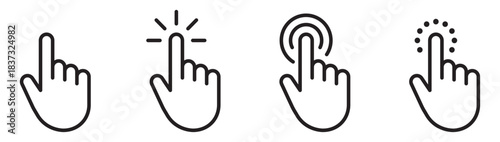 Set of hand gesture symbols showing tap, click, touch interaction, selecting or pressing actions with minimal outline design for interfaces, apps, buttons and digital user interaction – stock vector