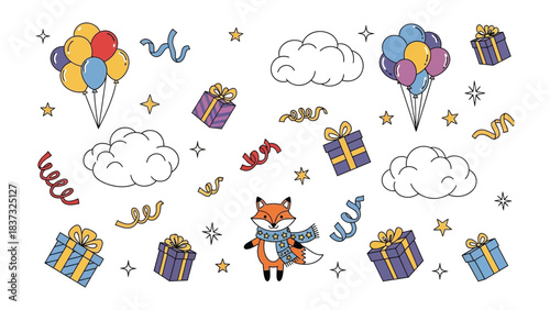Festive Fox with Balloons and Gifts: An endearing cartoon fox, adorned with a cozy scarf, is surrounded by a vibrant array of celebratory elements. Balloons, gifts, stars.