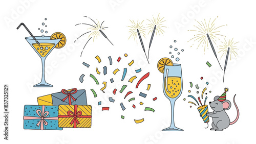 Festive Celebration Essentials: A collection of elements capturing the essence of a joyous celebration, with champagne, cocktails, gifts, confetti.