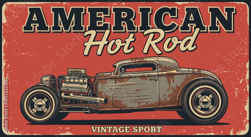 American hot rod vintage sport rusty classic car, retro vehicle illustration on red background, oldtimer poster design