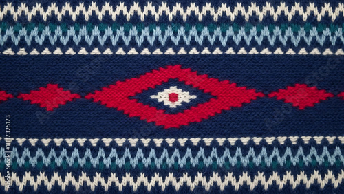 Close up of traditional nordic fair isle knit pattern featuring deep navy blue and bright red geometric shapes