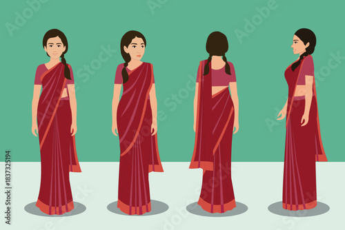 Indian Female Wearing Saree, 2d Character Different poses For Animation