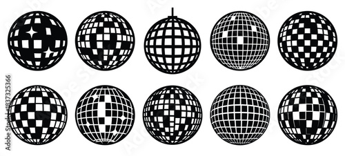 Black and white disco ball vector icon set and New Year 2026 holiday concept set