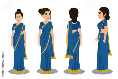 Indian Female Wearing Saree, 2d Character Different poses For Animation