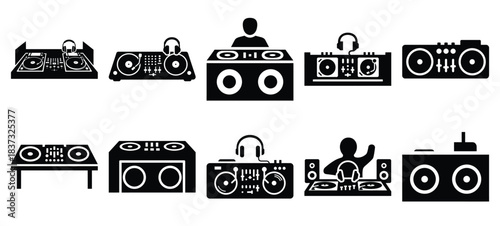 Black and white dj booth vector icon set and New Year 2026 holiday concept set