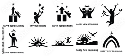 Black and white happy new beginning vector icon set and New Year 2026 holiday concept set