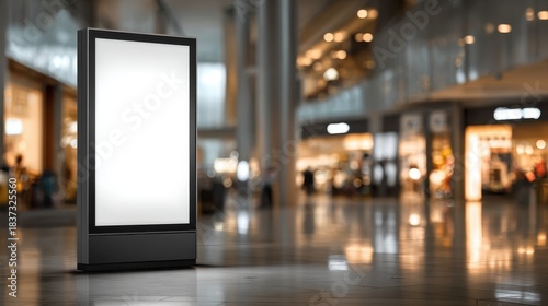 Blank digital billboard standing in a modern shopping mall with blurred background