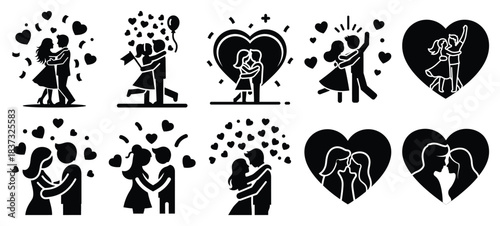 Black and white love celebration vector icon set and New Year 2026 holiday concept set